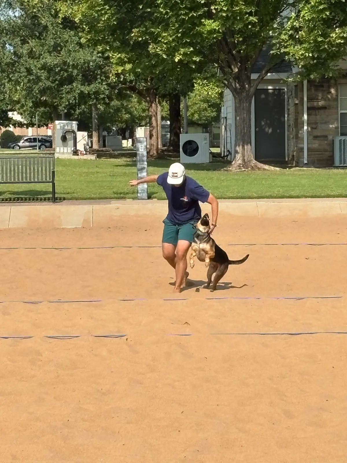 A Sandline player crosses the court with a dog during a break in play