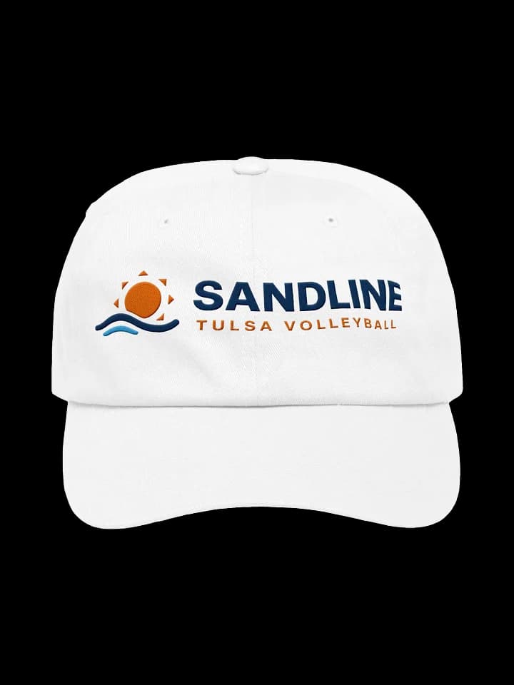 White dad hat with the orange sun and navy Sandline lettering