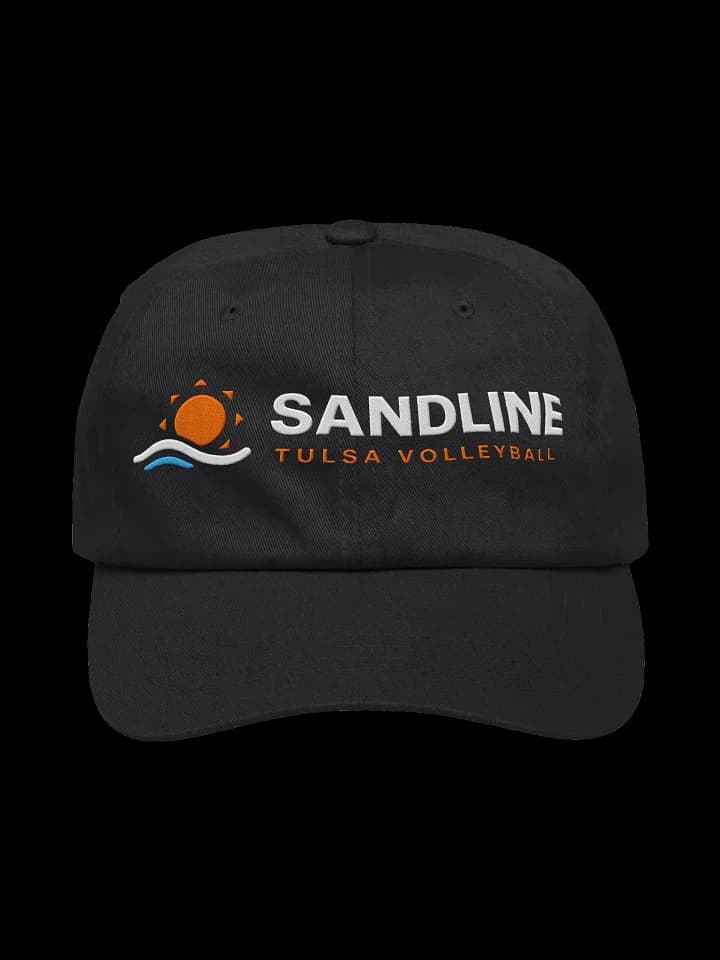 Black dad hat with the orange sun and white Sandline lettering