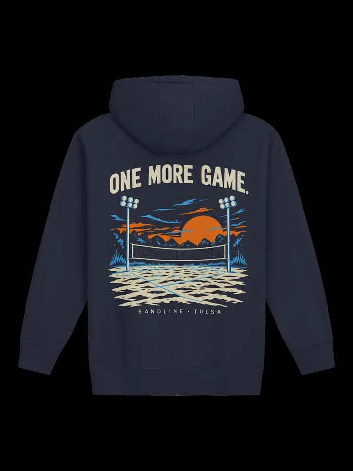 Back of the navy One More Game Hoodie with a sunset volleyball court illustration