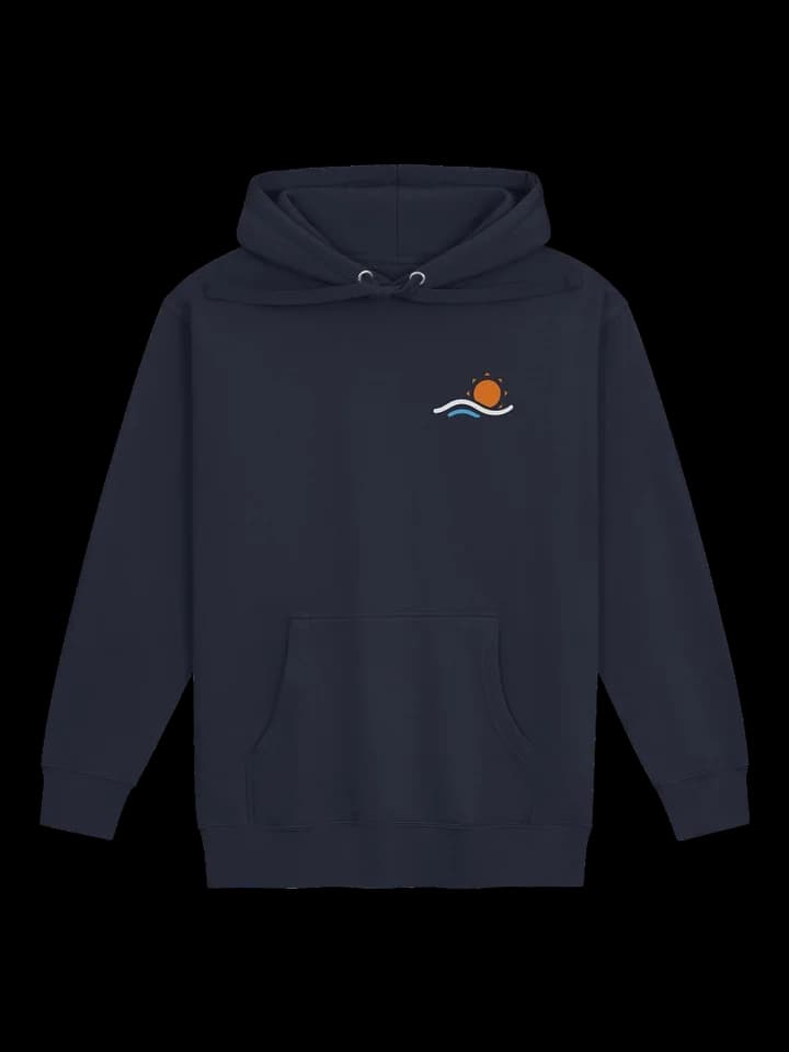 Front of the navy One More Game Hoodie with Sandline's small wordless chest logo