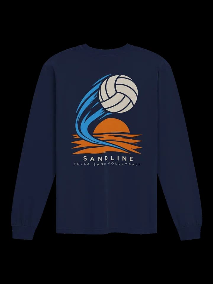 Back of the navy Rally long sleeve with a cream volleyball, blue motion lines, and orange sunset