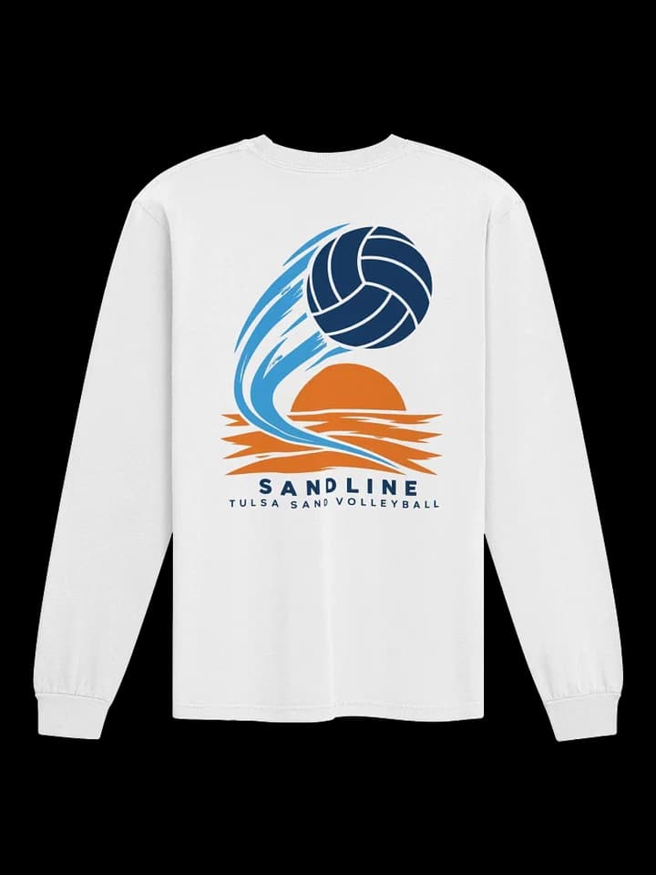 Back of the white Rally long sleeve with a navy volleyball, blue motion lines, and orange sunset