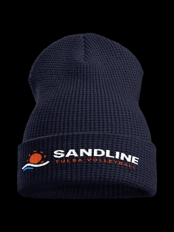 Navy waffle-knit beanie with Sandline's orange sun and white lettering on the cuff